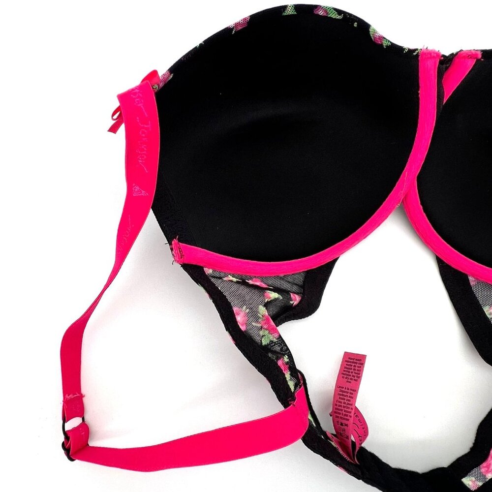 Betsey Johnson Intimates Black Bra Lingerie With Pink Floral Rose Pattern 32DD - Picture 10 of 12